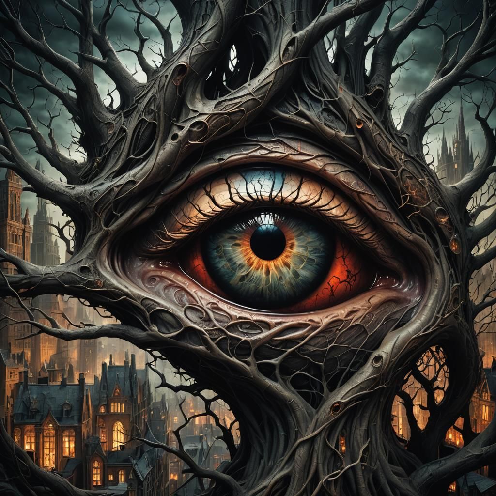 Dark Gothic Cityscape Within a Human Eye