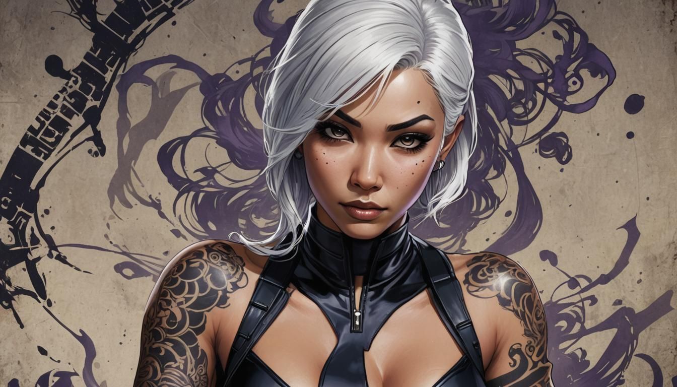 Tattooed Asian Woman in Catsuit, Comic Book Art
