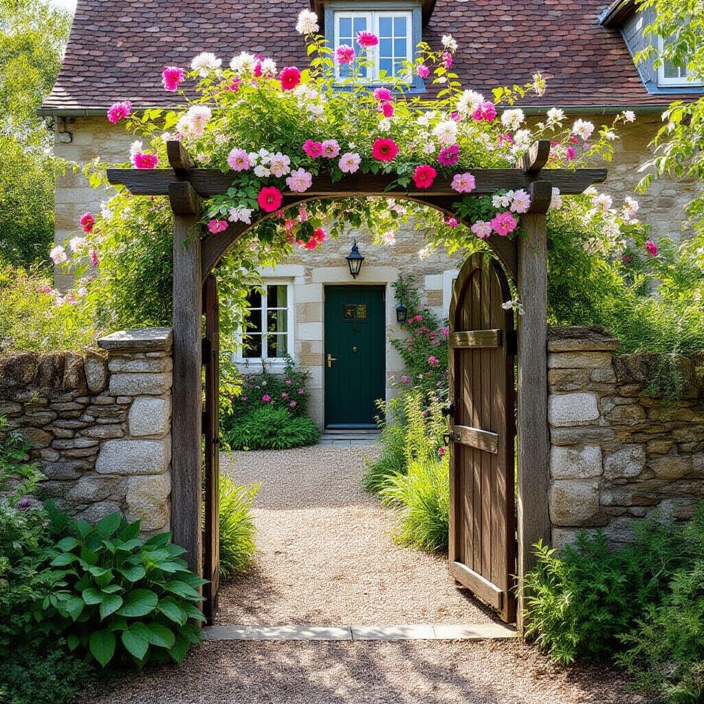 Enchanting Doorway with Canopy Flowers and Winding Path