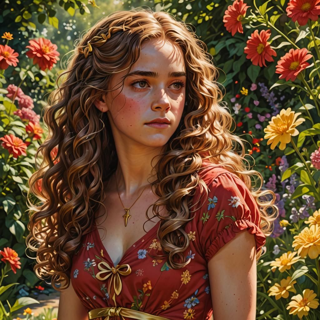 Hermione in Red Dress in Summer Garden