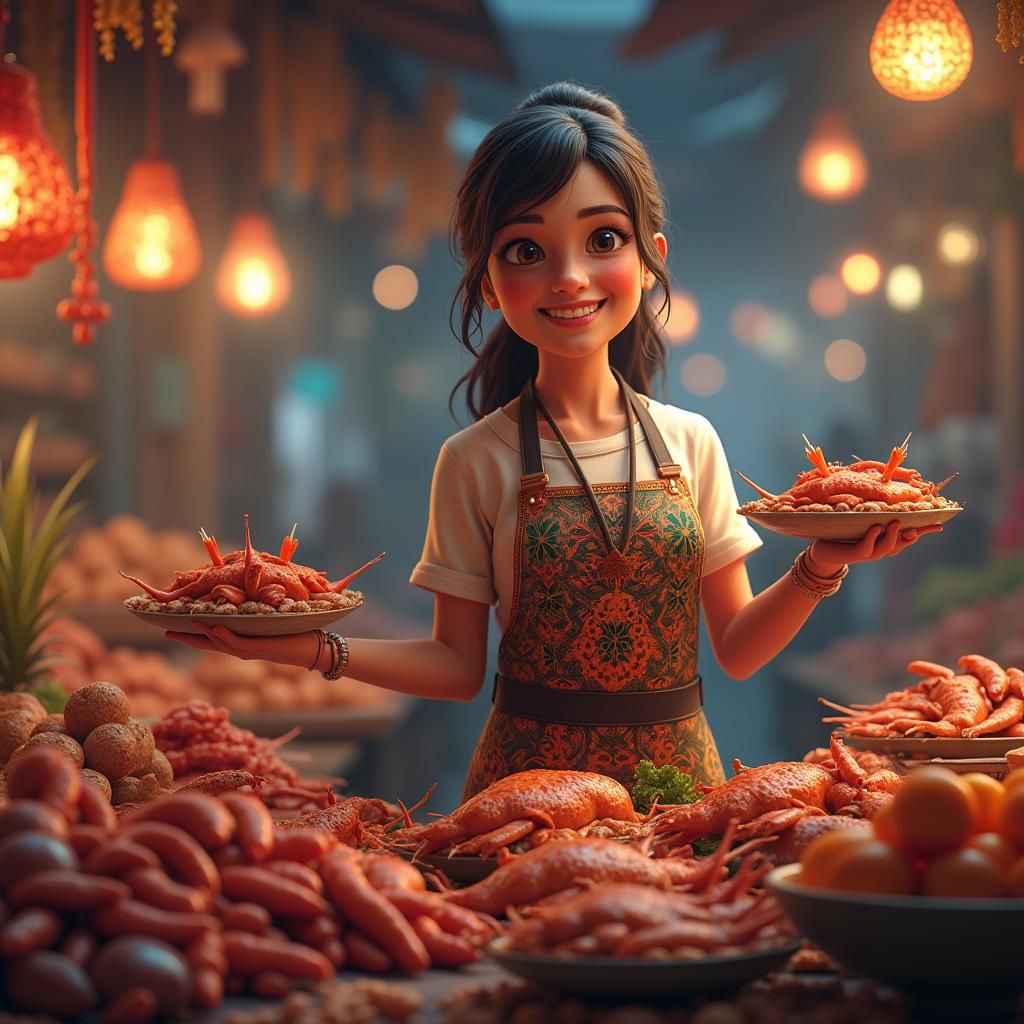 Vibrant Market Scene with Frog Legs