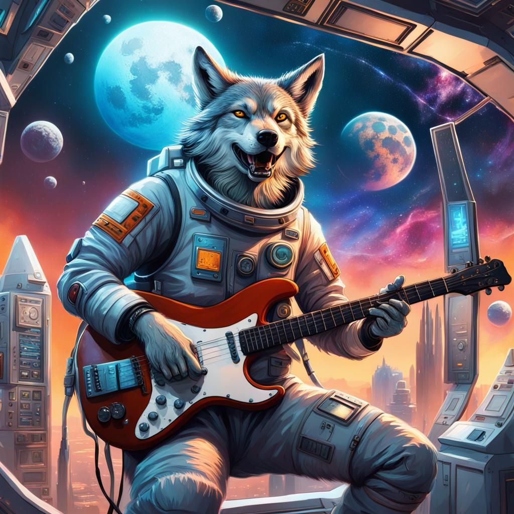 Anthropomorphic wolf in a space suits playing gitaur  inside...