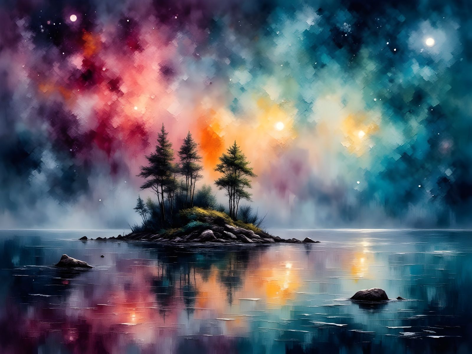 Isolated Nighttime Island Scene in Watercolor and Oil Painti...