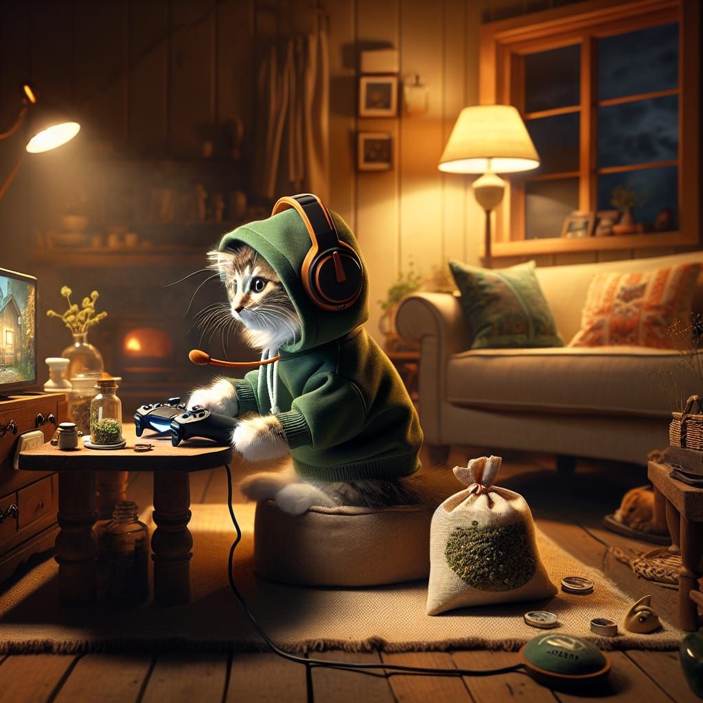 Kitten Gamer in Cozy Living Room