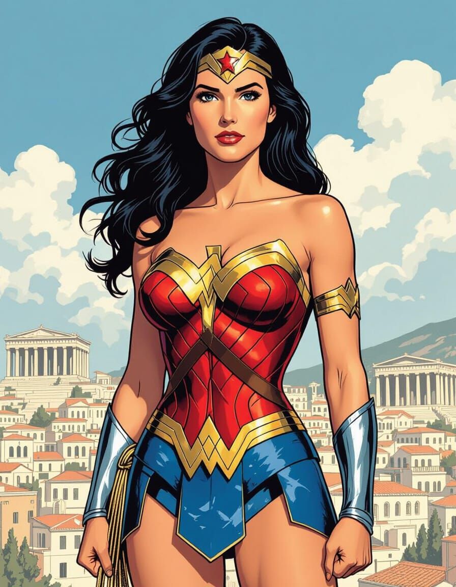 Wonder Woman in Greek Cityscape, Comic Book Art