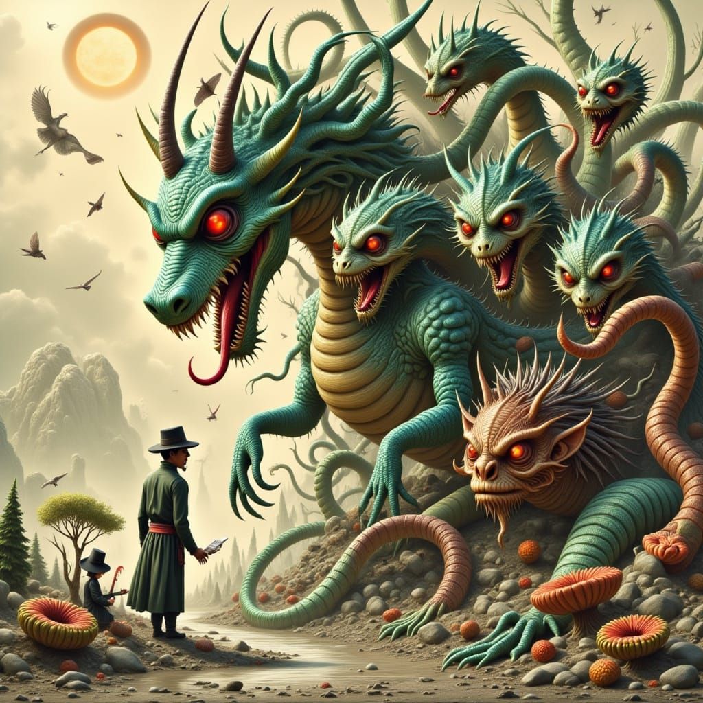 The Ever-Hungry Hydra in a Whimsical Cyberpunk Aesthetic