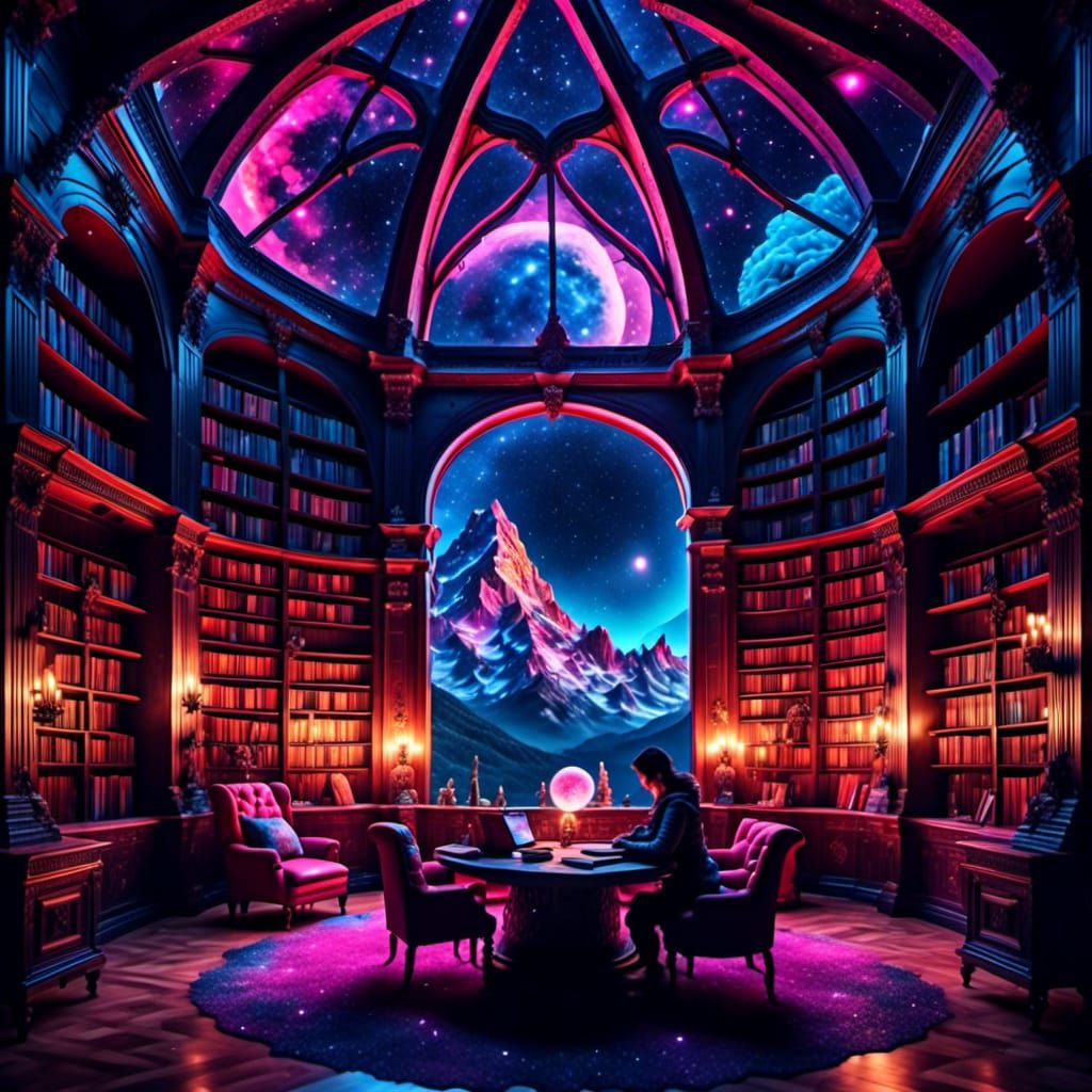 Glowing Library Floating in Nebula, Cosmic Illustration