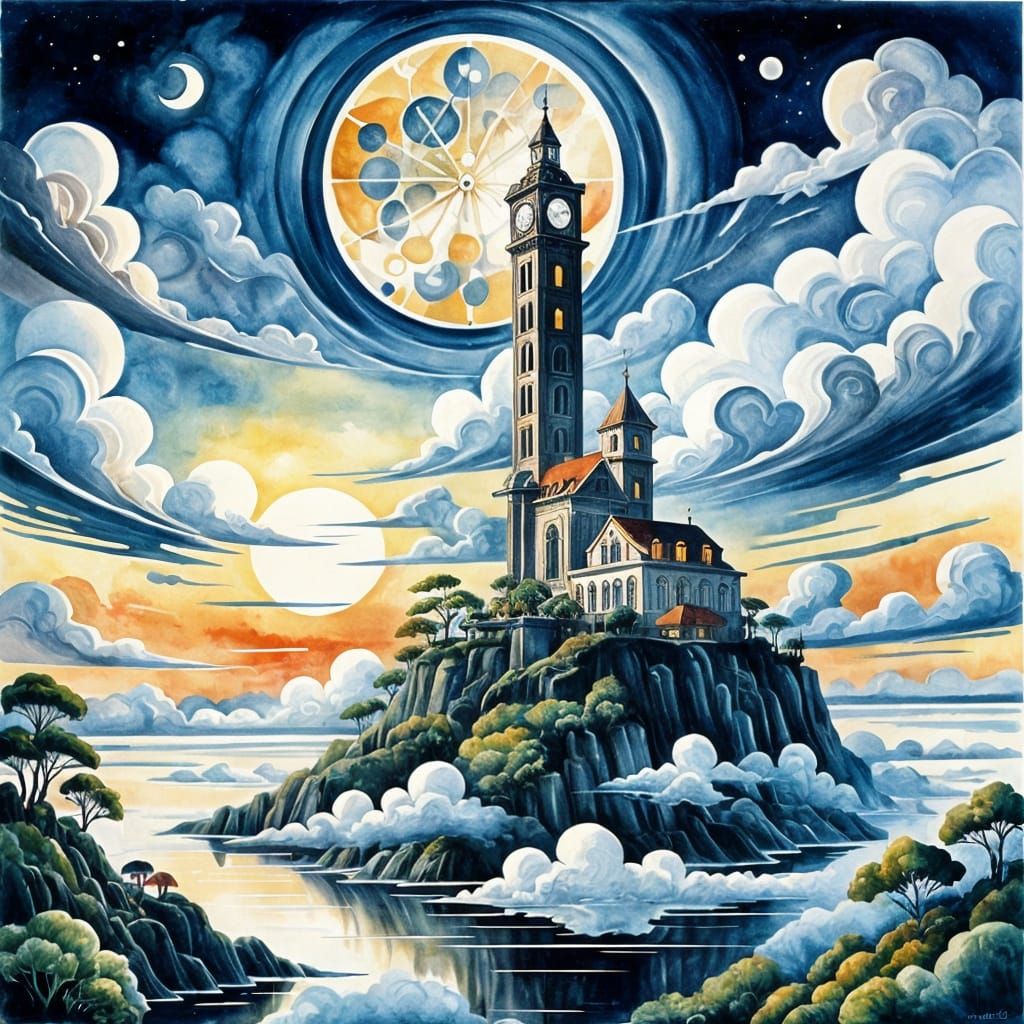 Surreal Clock Tower Landscape in Art Deco Watercolor