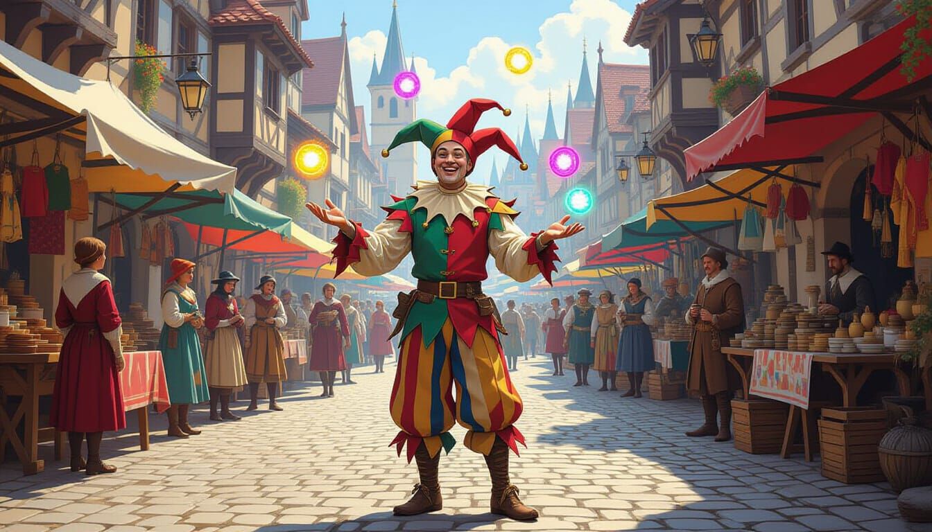 Medieval Jester Juggles Glowing Orbs in Bustling Marketplace