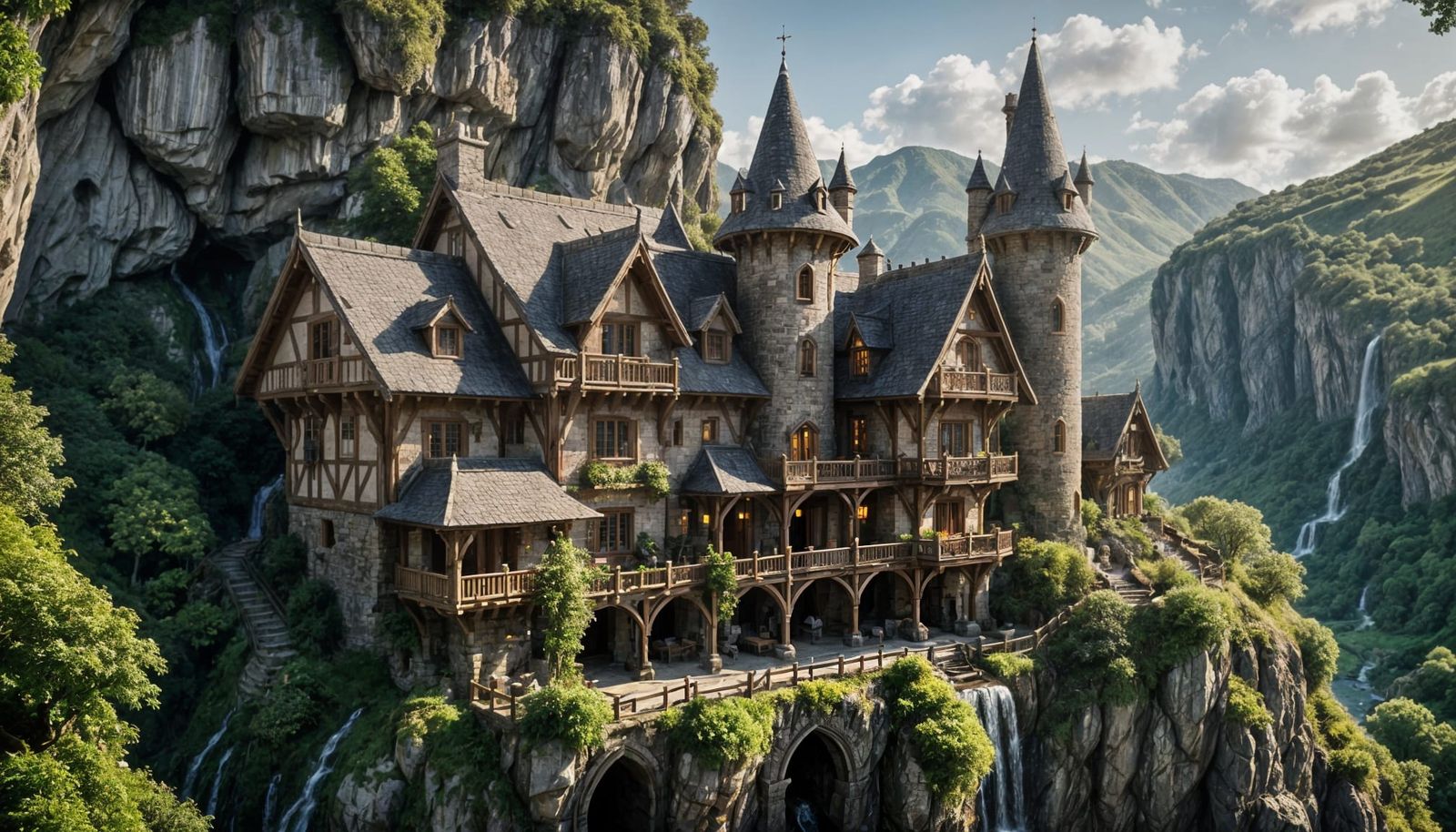 Enchanted Elven Castle on a Waterfall Cliff