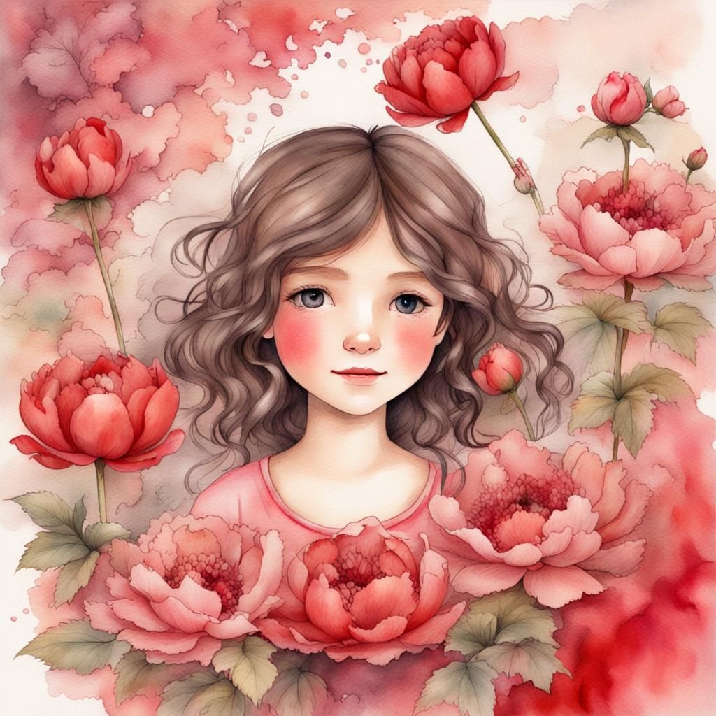 Girl with Peonies in Hair, Watercolor Style