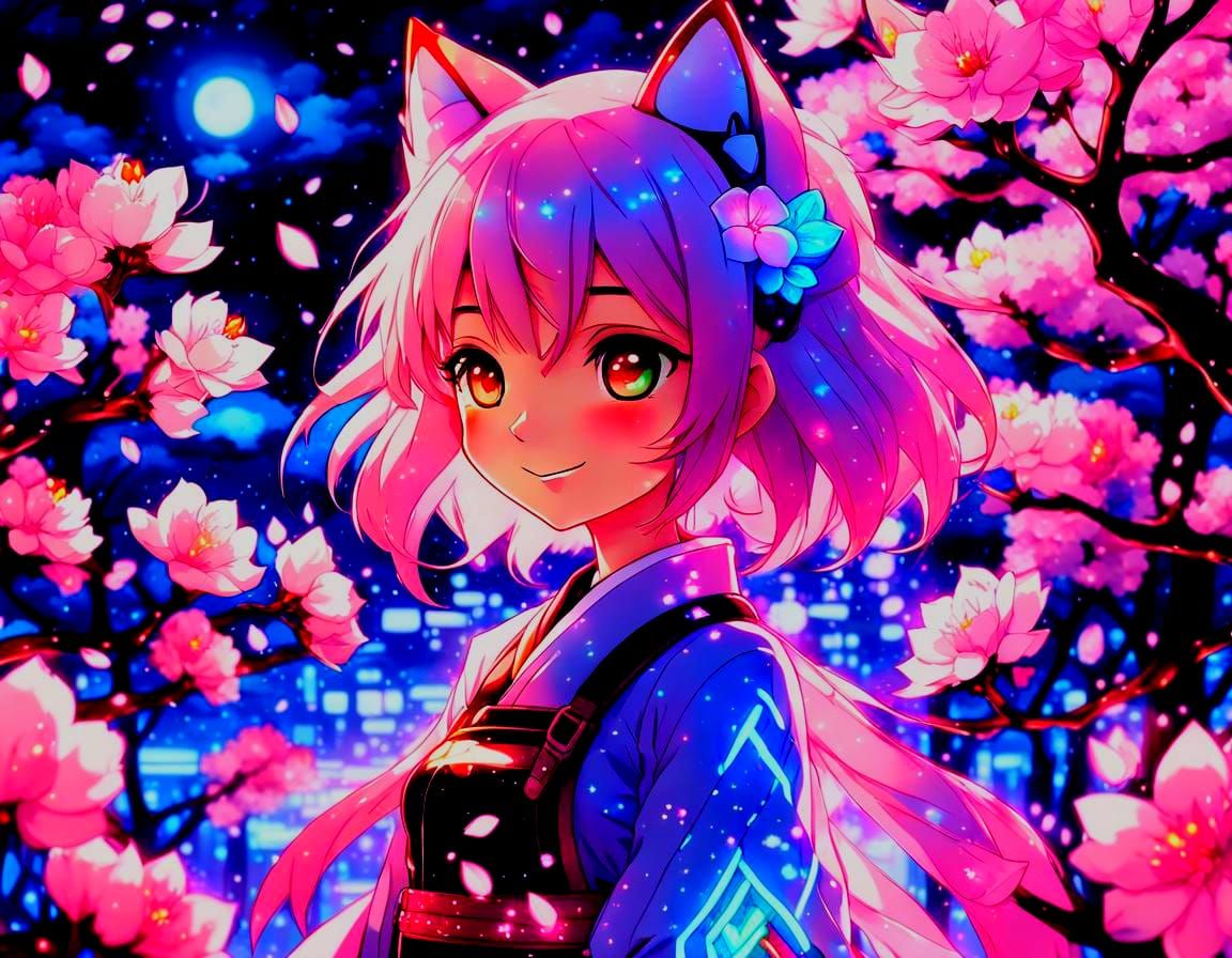 Neon Foxgirl with Sakura Blossoms in Anime Style