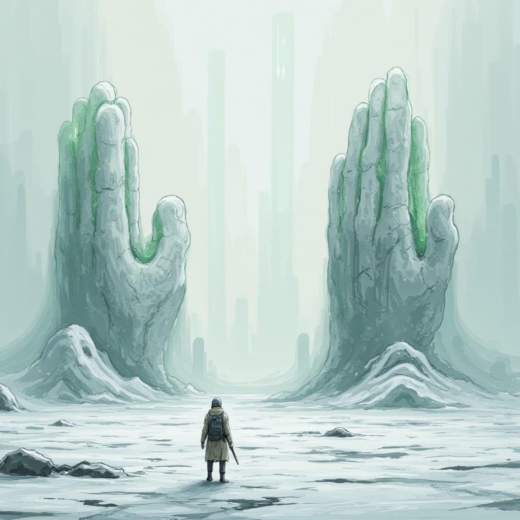 Arctic Tundra Landscape with Giant Stone Hands
