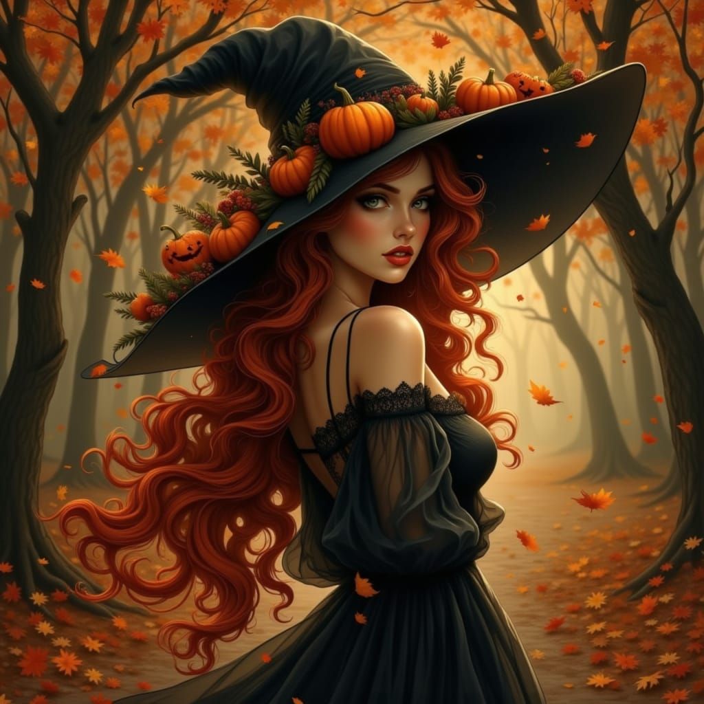 Mysterious Witch in Enchanted Autumn Forest