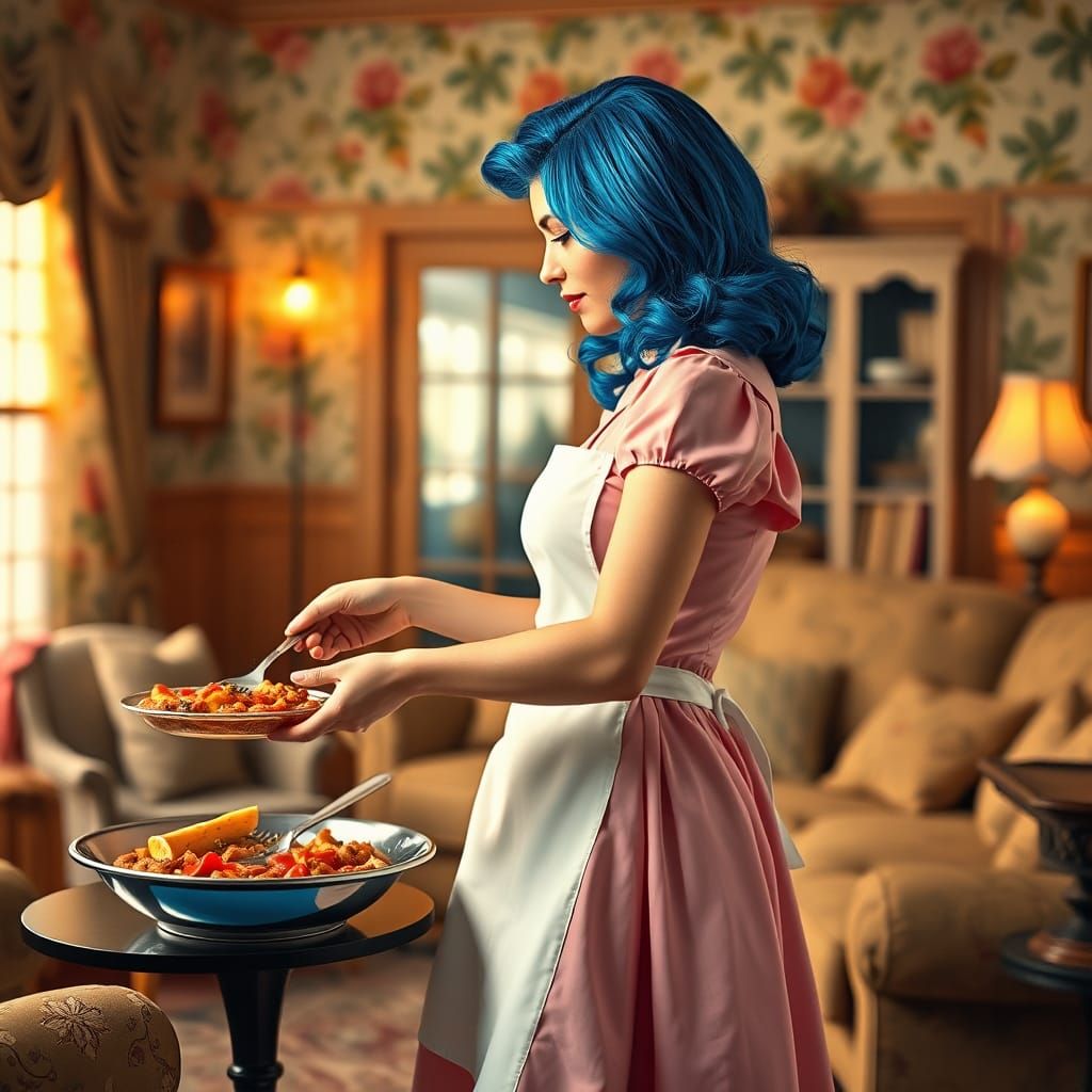 Tradwife Serving Dinner in Hyperrealistic Style
