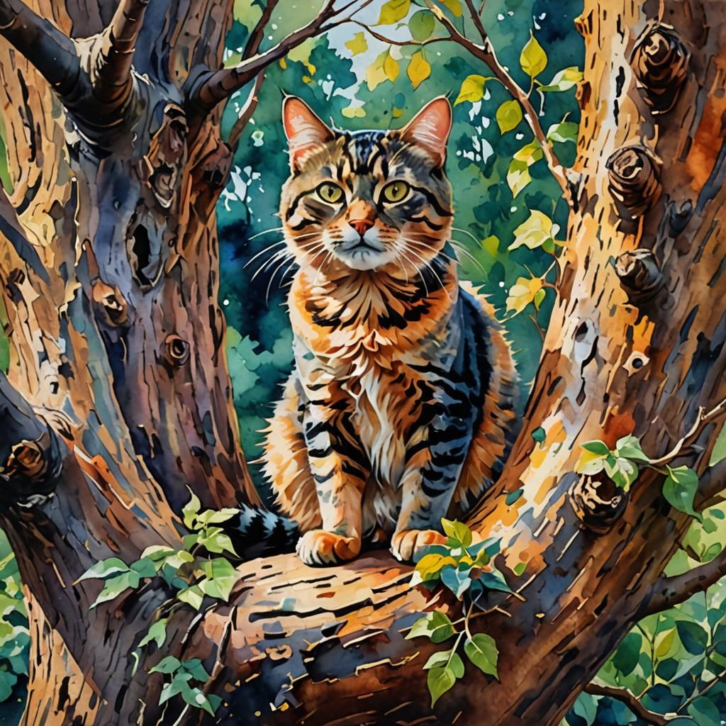 Cat in Tree: Impressionist Watercolor Gouache Painting