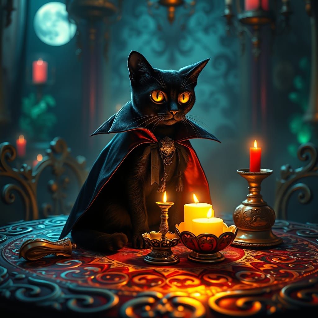 Ethereal Vampire Feline Adorned Table of Mystical Artifacts