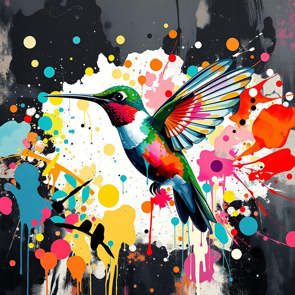 Vibrant Hummingbird in Expressive Watercolor and Graffiti Ar...
