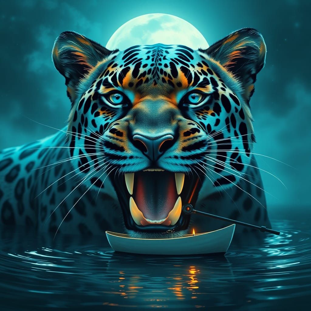 Blue Leopard Paddling Through Dreamlike Landscape