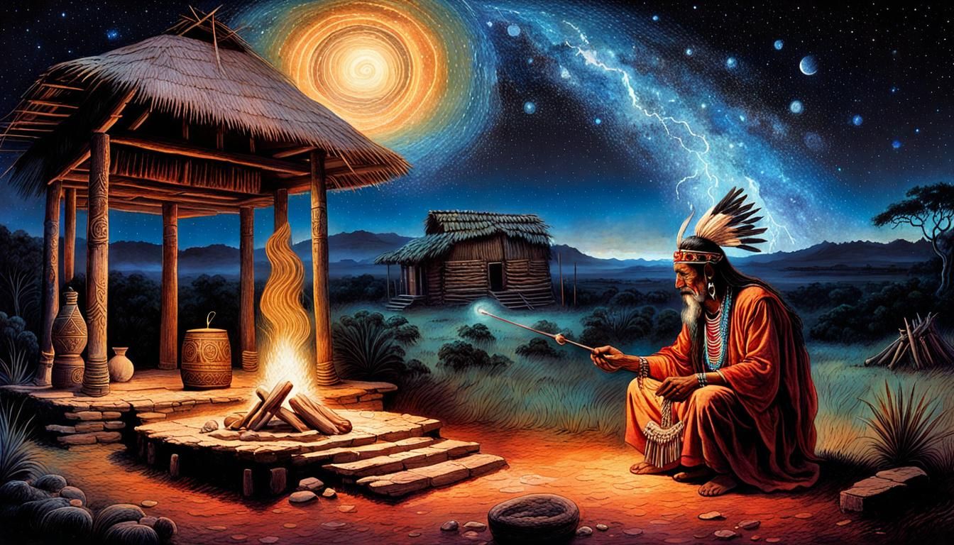 Guarani Shaman Healing Ritual under Cosmic Night Sky