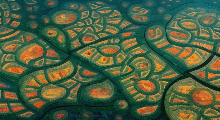 Intricate Mosaic Fantasy Landscape from Birds-Eye View