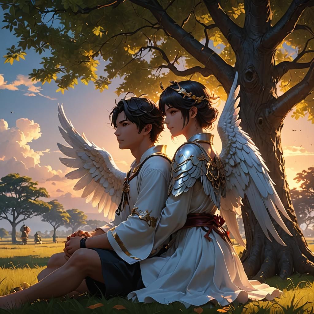 Angel and Demon Sunset: Anime-Inspired 3D Art