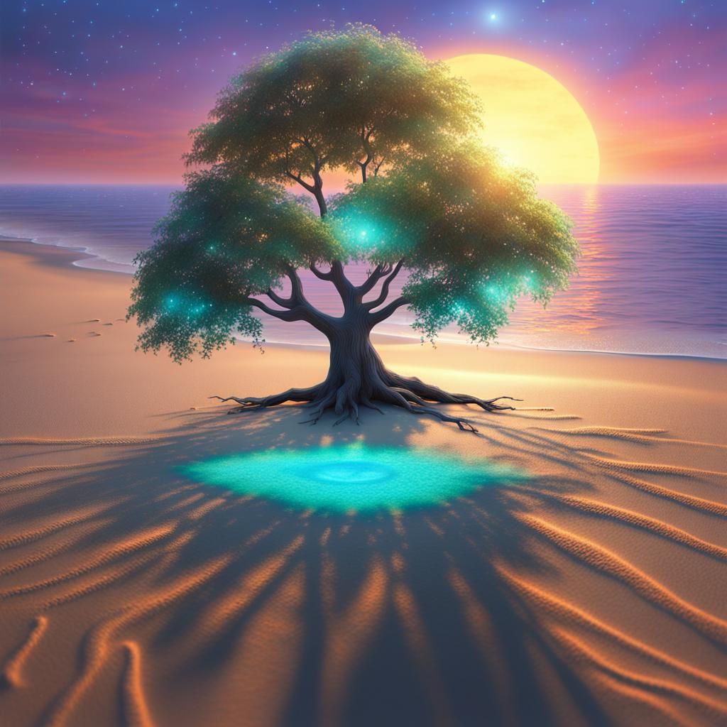 Bioluminescent Beach Sunset with Glowing Particles