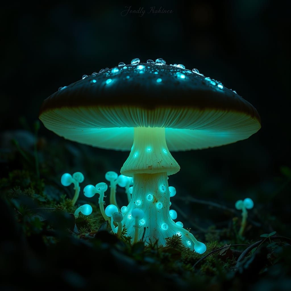 Glowing Macro Fungus in Dark Forest