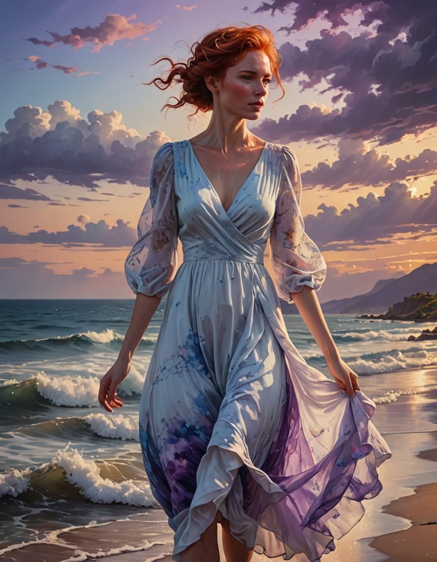 Redhead Woman in Flowing Dress at Sunset