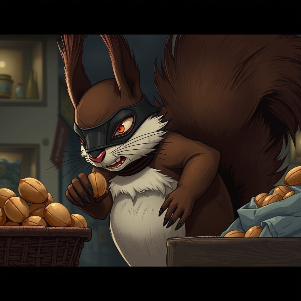 Masked Squirrel Burglar Stealing Nuts in Anime Style