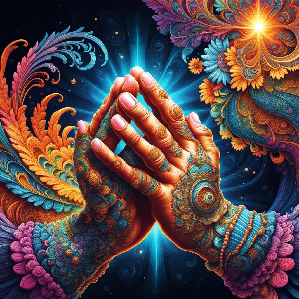 Praying Hands in Cosmic Graffiti Art