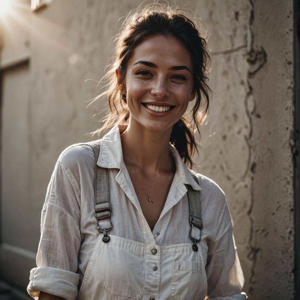 Smiling Brunette in Overalls, Close-Up Portrait