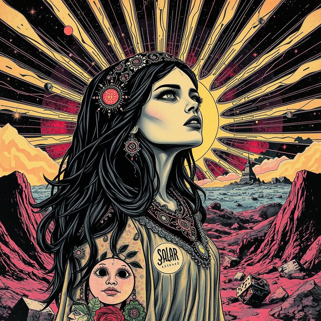 Solar Goth Bride in Post-Apocalyptic Monoprint Style