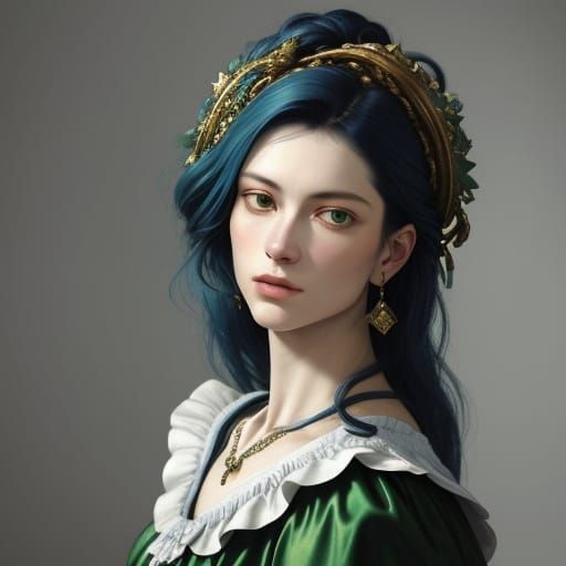 Baroque Woman in Green and Blue, Caravaggio Style