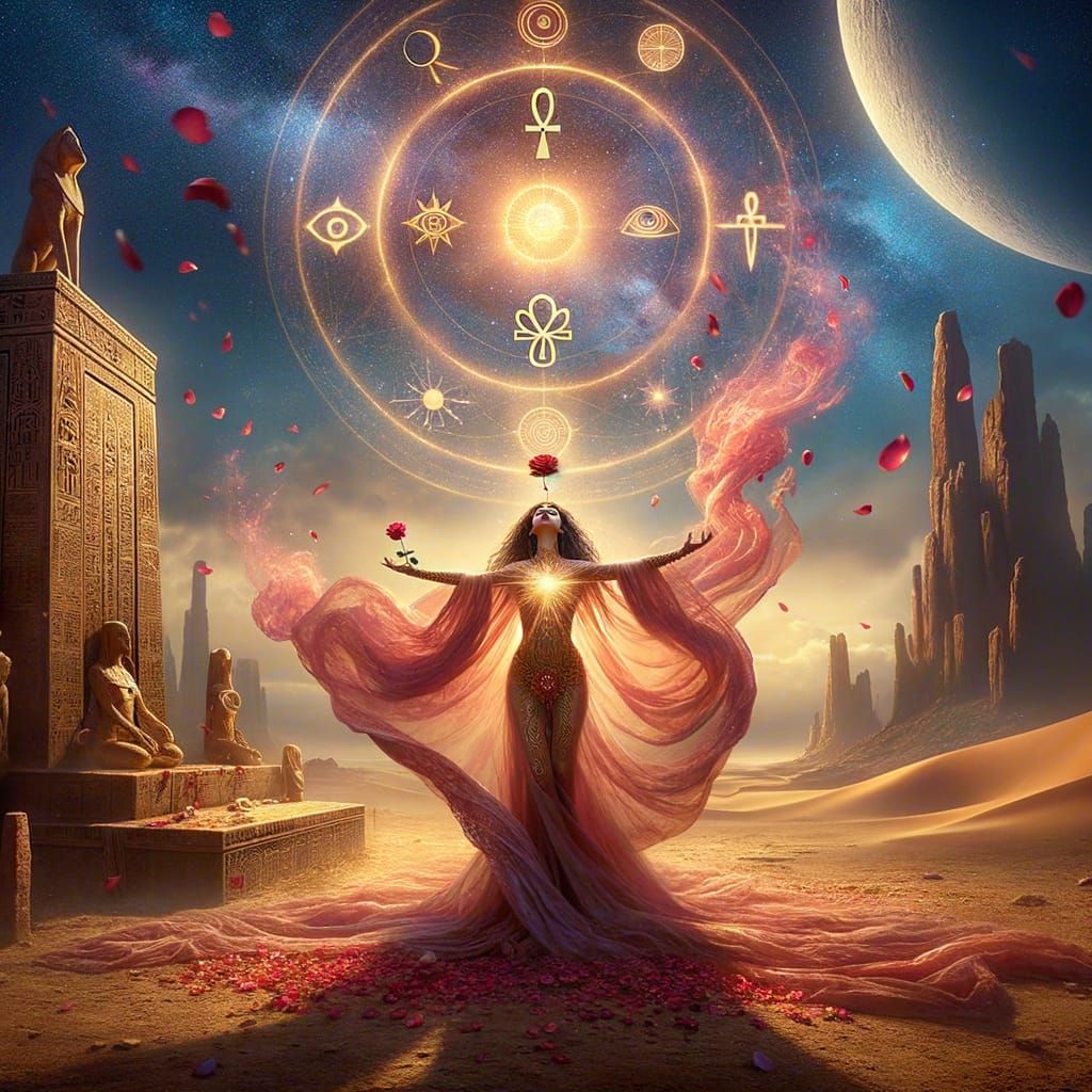 Mystical Desert Temple Ritual Under Starlit Sky