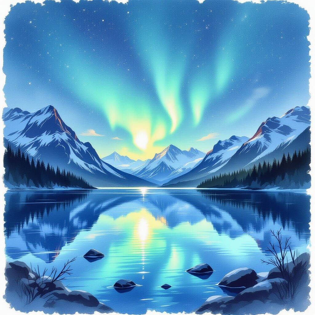 Aurora Borealis Over Majestic Mountain Lake in Watercolor St...
