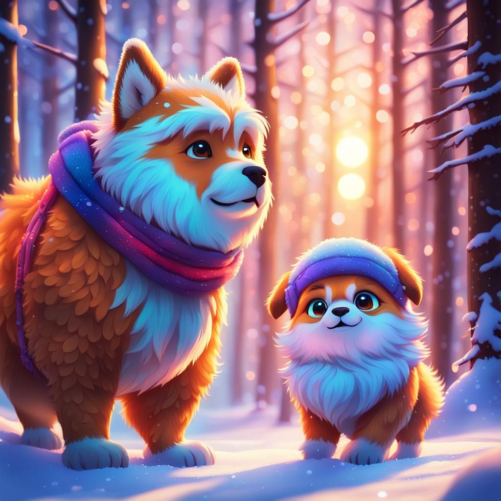 Nunu and Willump in Snowy Forest: Pixar-Inspired Digital Art