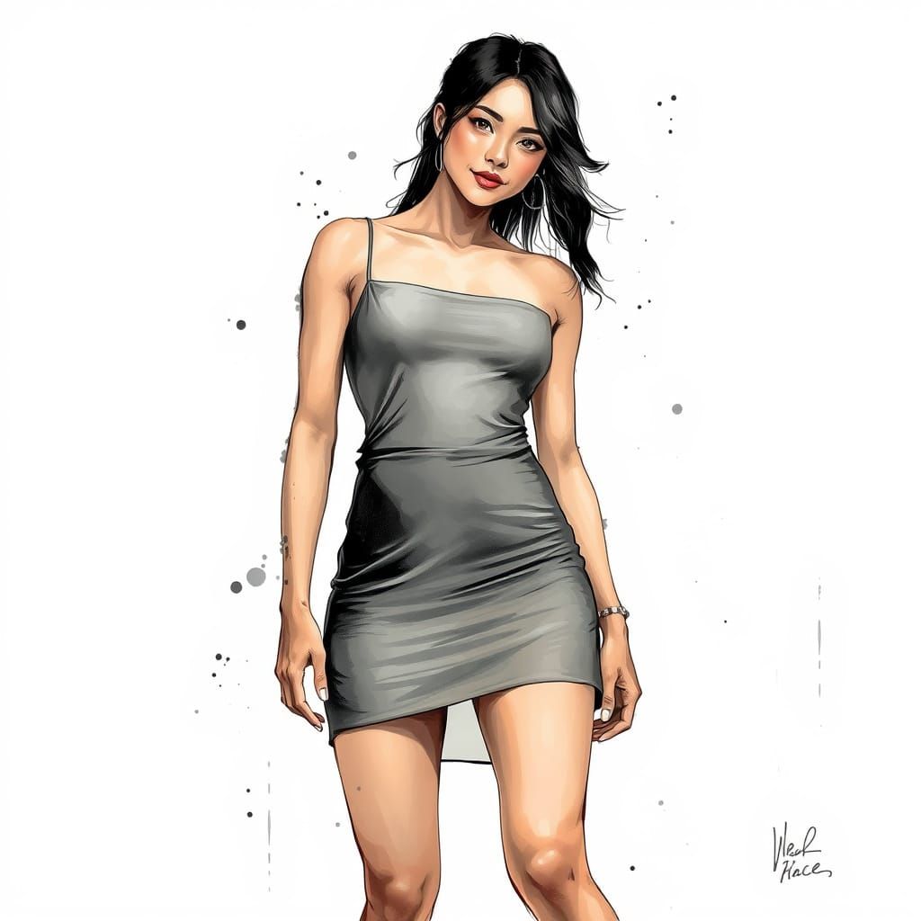 Muscular Vietnamese Woman in Sheer Dress, Ink Splatter Style