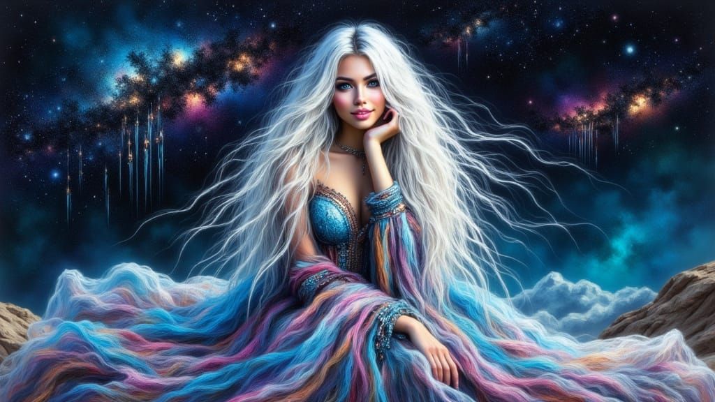 Celestial Woman Rewriting Stars With Neon Calligraphy