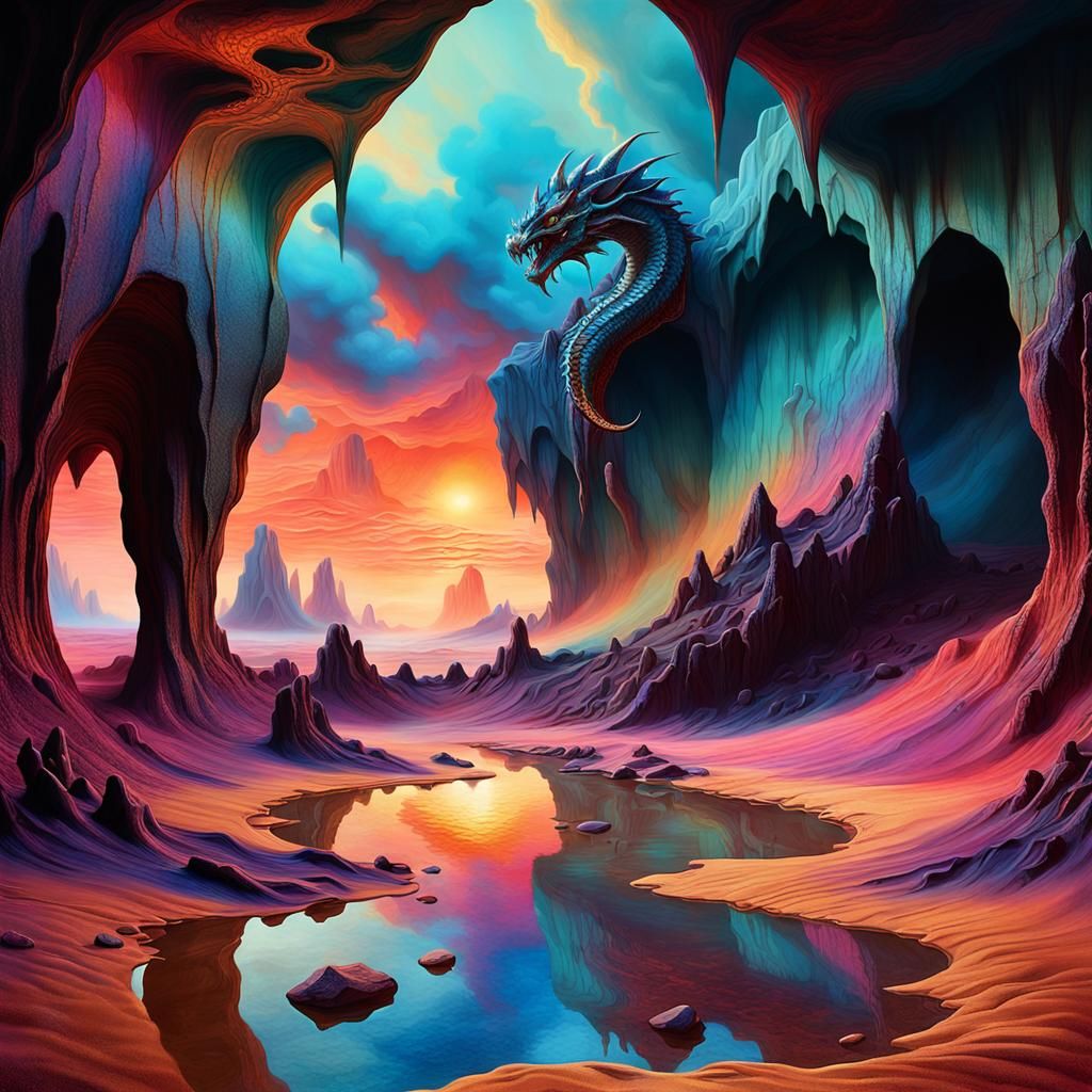 Iridescent Dragon Scales in a Misty Cave