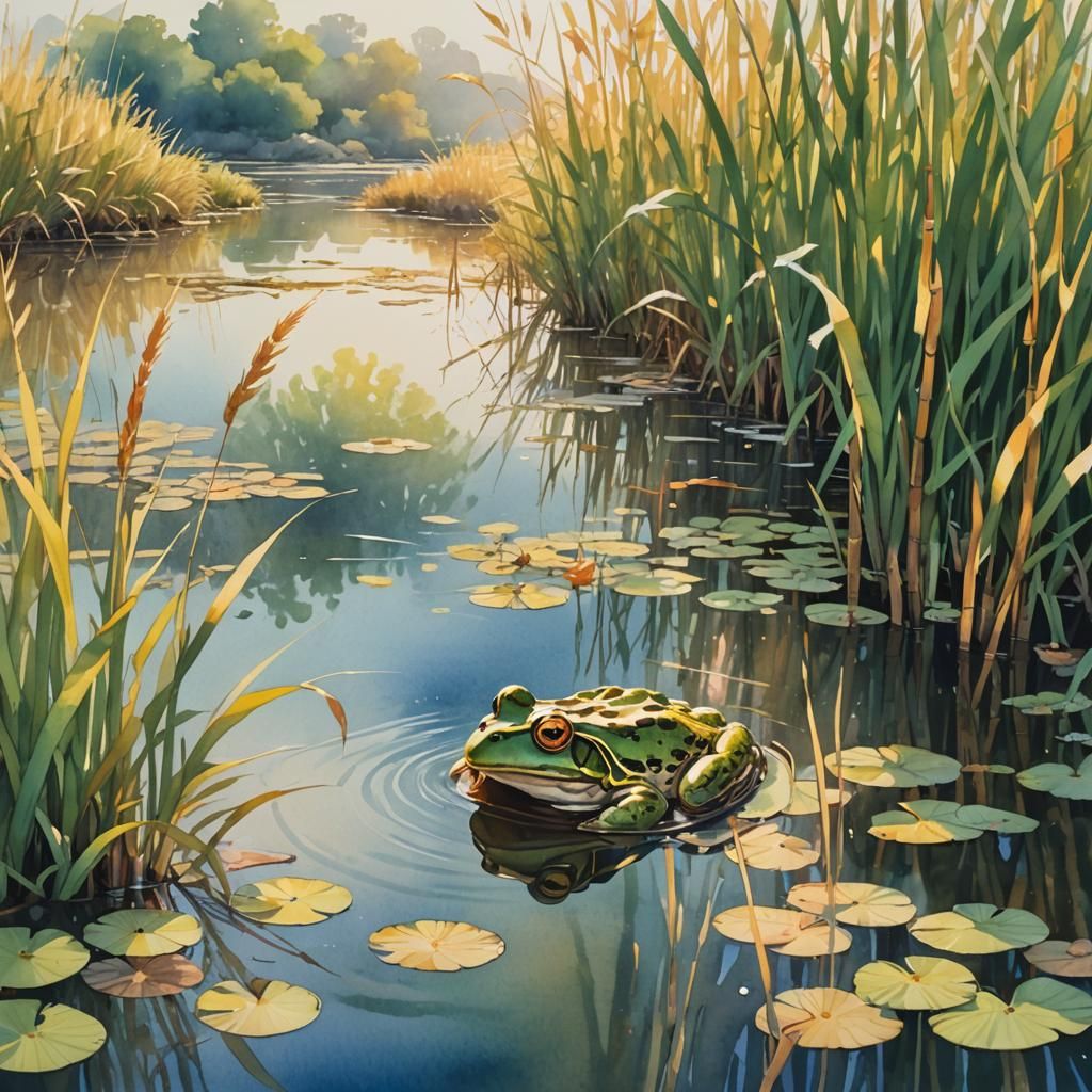 Frog Sipping Water Among Golden Reeds: Watercolor Painting