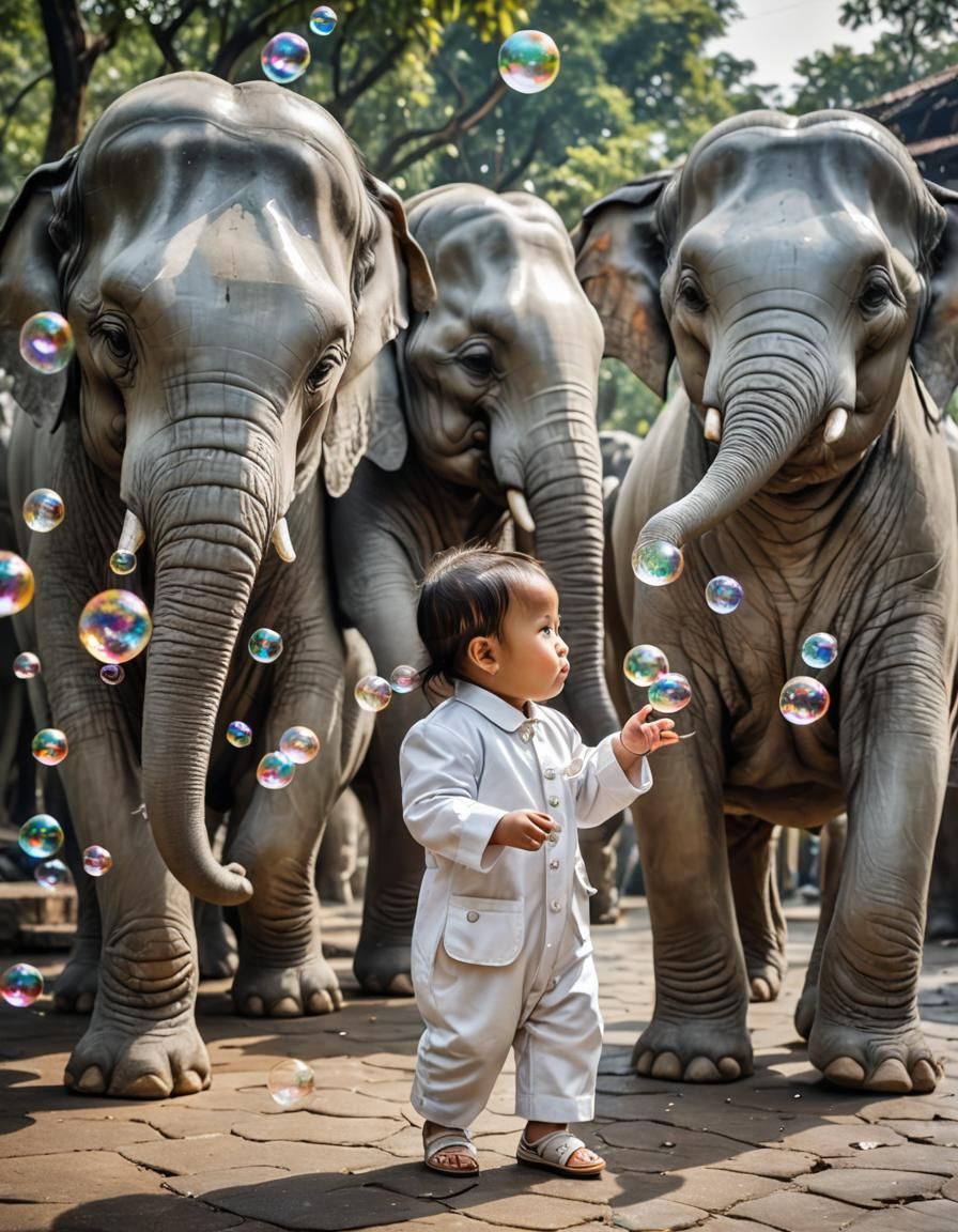Playful White Elephant Calves in Thailand, Hyperrealistic