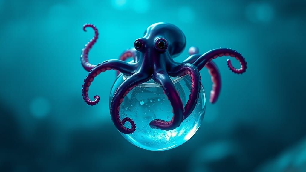 gloss-dark an octopus sitting atop a glass ball