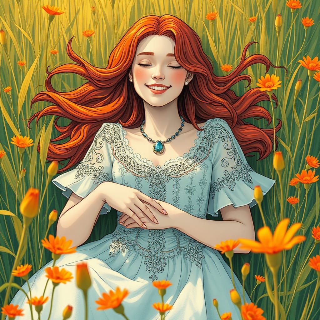 Vibrant Redhead in Sunlit Field of Wildflowers