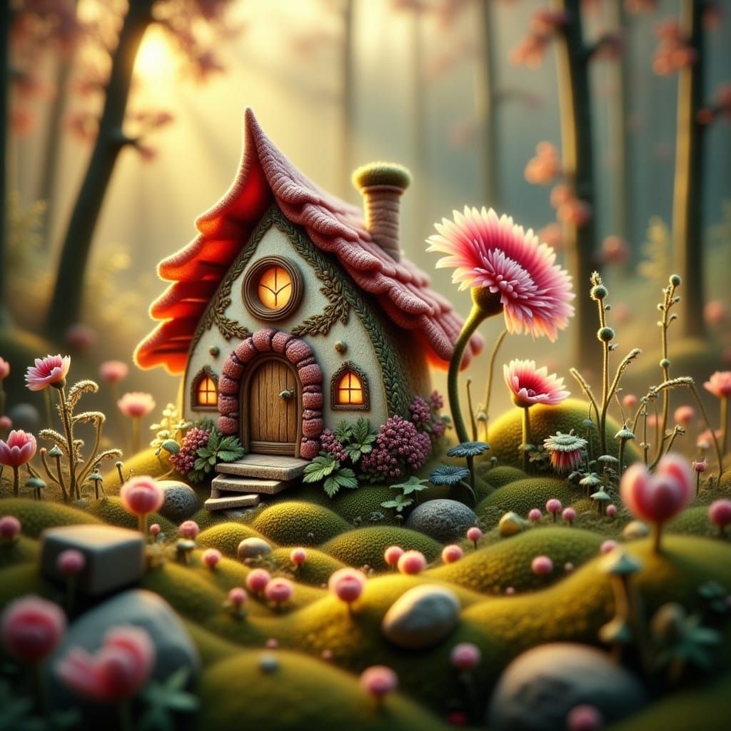 Ethereal Poppy Fairy House in Whimsical, Dreamlike Landscape