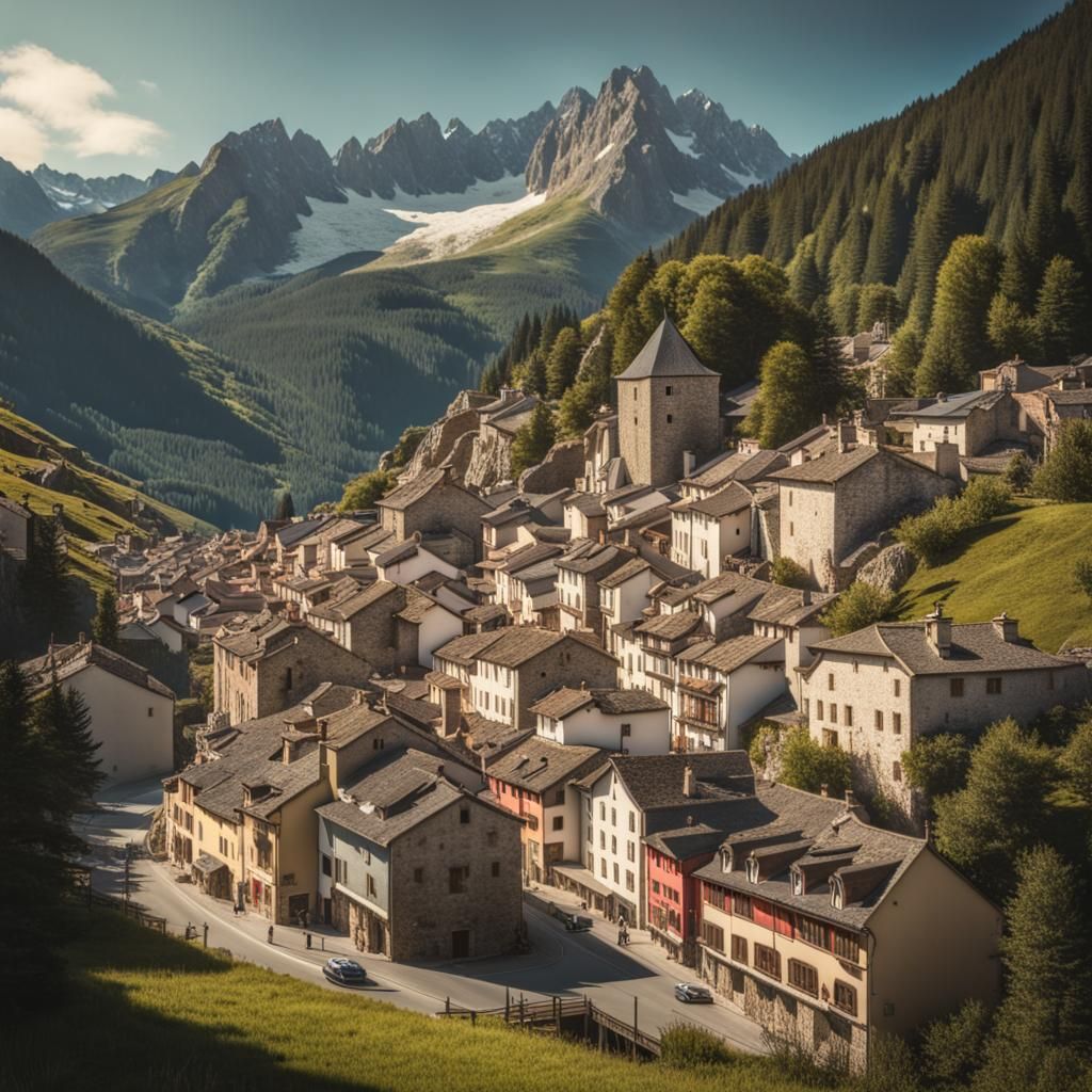 Pyrenees Mountain Town in Animated CGI Style