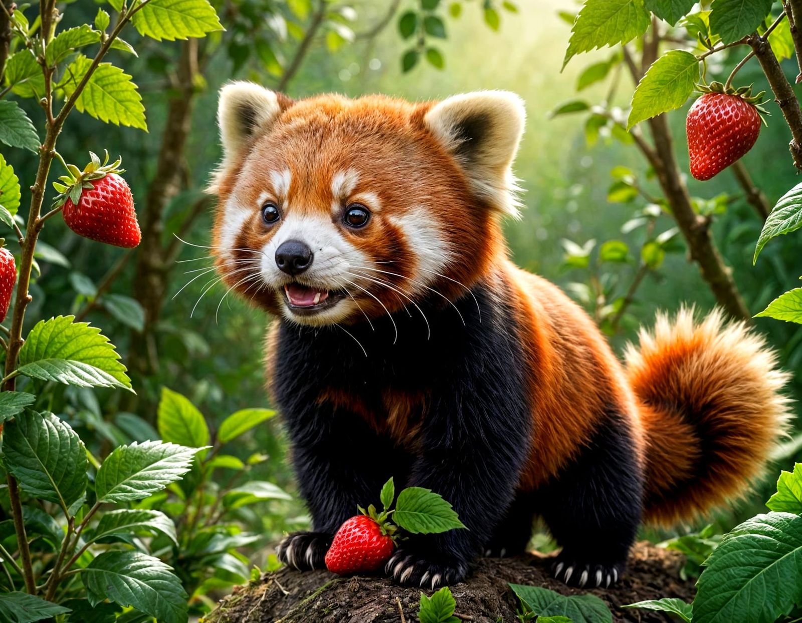 Cute Red Panda Reaches for Strawberry
