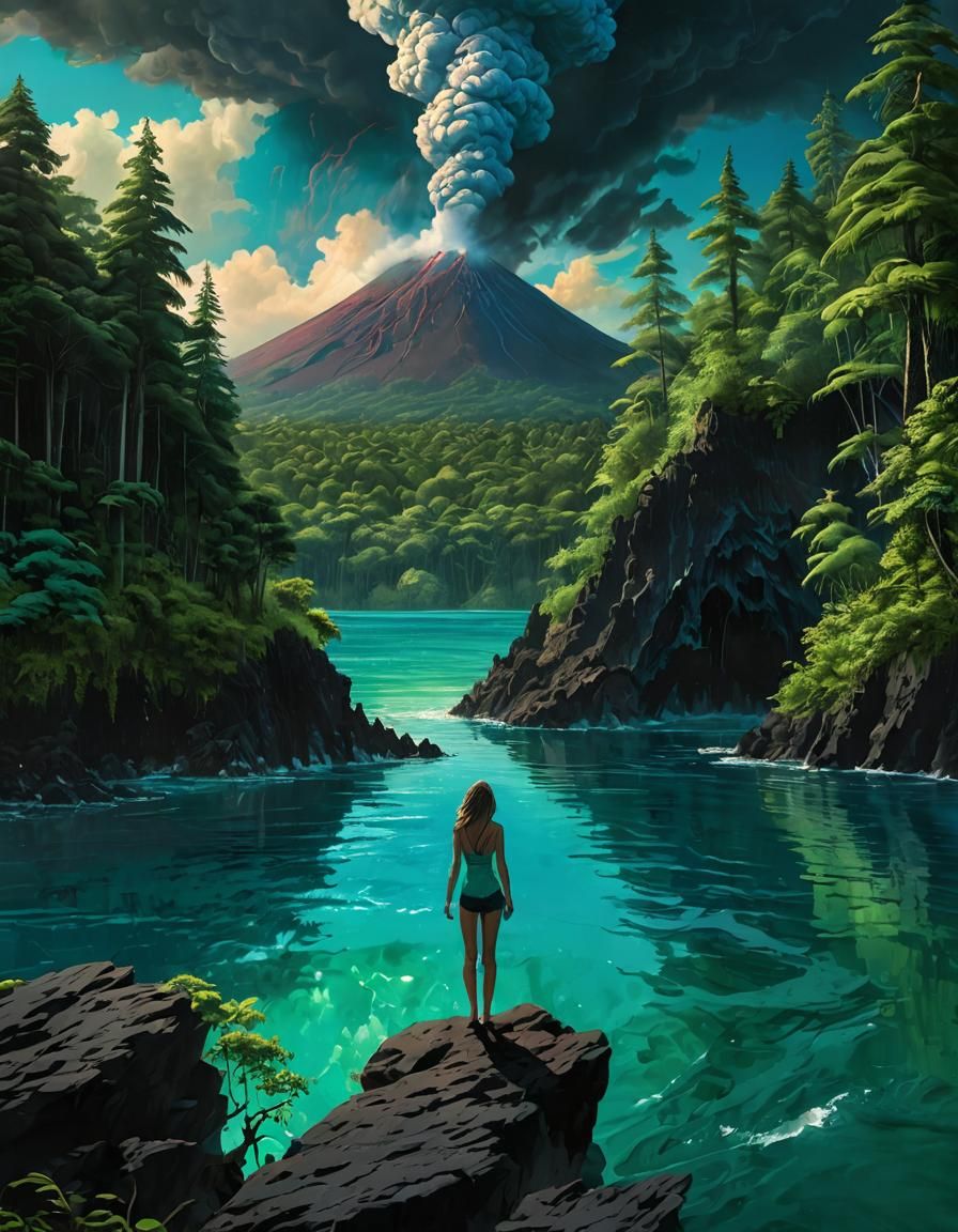 Volcanic Eruption Over Turquoise Lake, Oil Painting