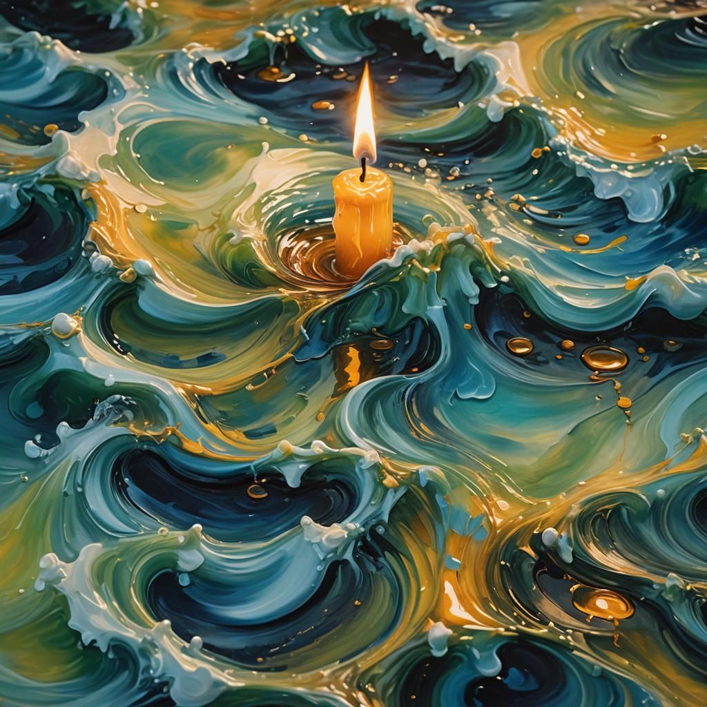 Wax Candle Creates Sea Waves: Impressionist Oil Painting