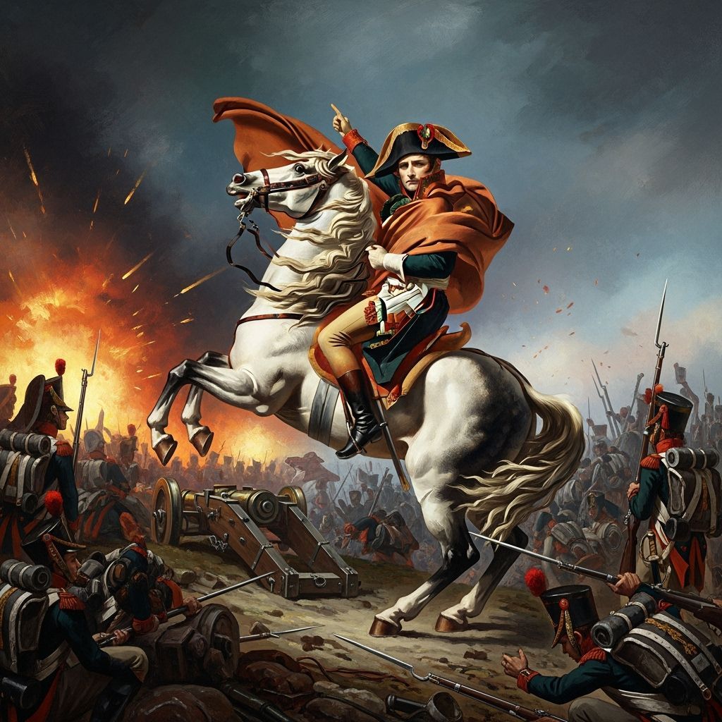 Napoleon on Horseback Overlooking Battlefield in Dramatic St...